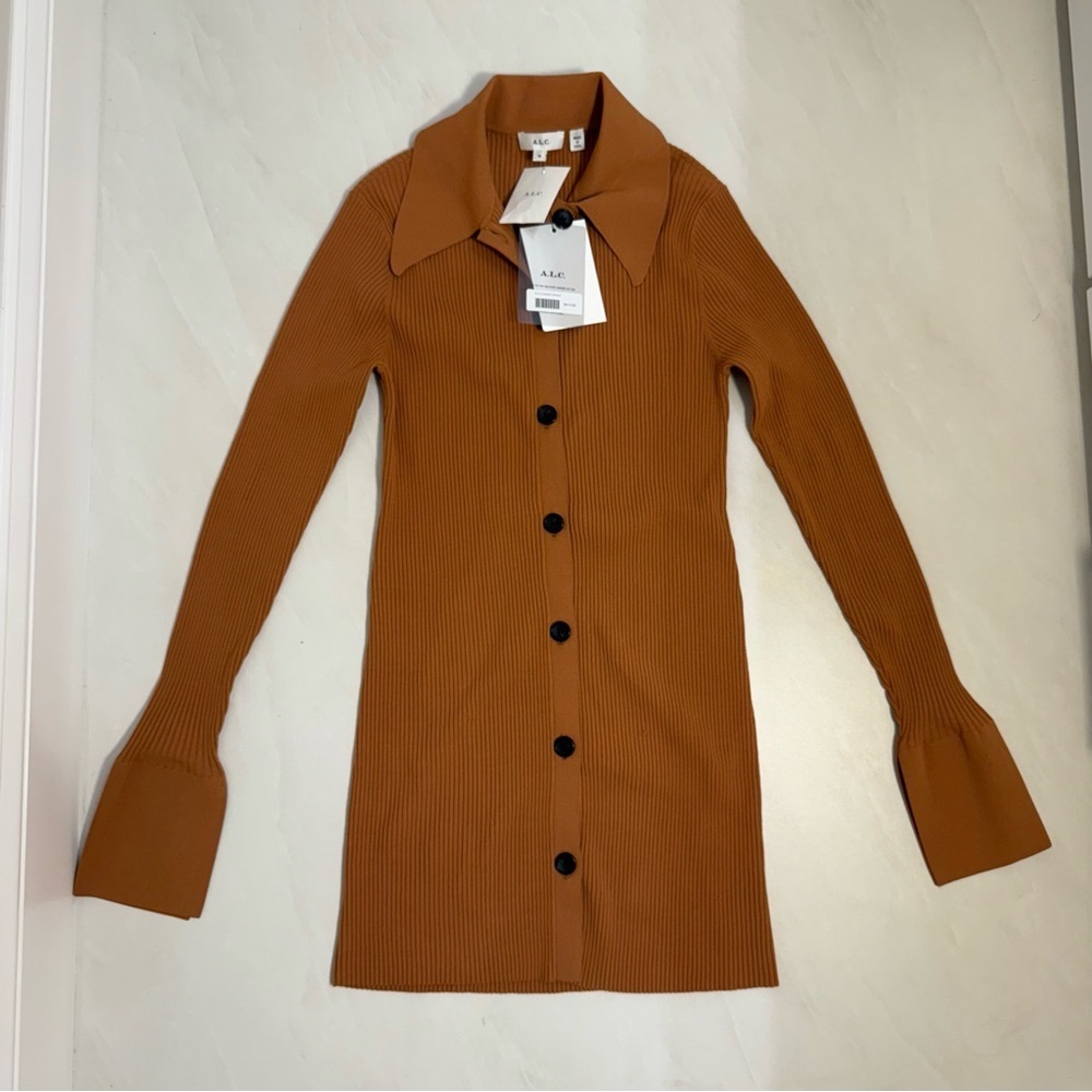 A.L.C.‎ Eleanor Ribbed Knit Button Front Dress Rust Brown Size M